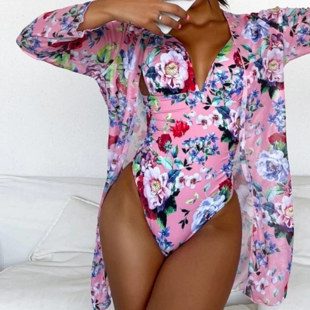 Shein 2pk Floral V Neck One Piece Swim Suit & Kimono in Pink Multi - NWT